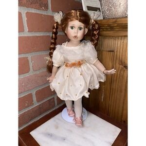 Vintage Geppeddo Porcelain Kate Doll, Red Hair, Green Eyes, Peach Outfit, Shoes